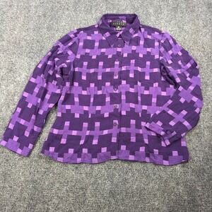 Finity Studio Purple Geometric Pixelated Cross 100% Silk Button Down Blouse 14